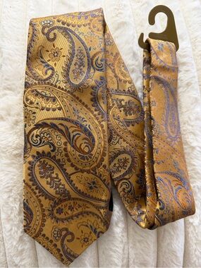 Isaia - Gold Paisley Silk Tie with Blue Accents